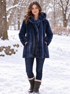 DENNIS BASSO Coat Faux Mink Snap-Up Blue Anorak w/Removable Hood NWOT MP